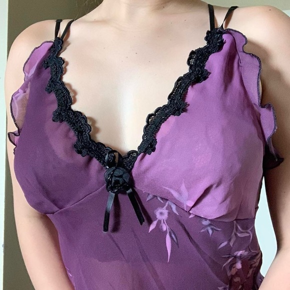 Sheer European Purple Blossom Chiffon Blouse - Picture 3 of 7